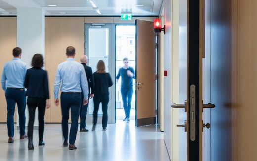 En cas d'alarme, les personnes quittent un immeuble de bureaux par une porte de sortie de secours.
