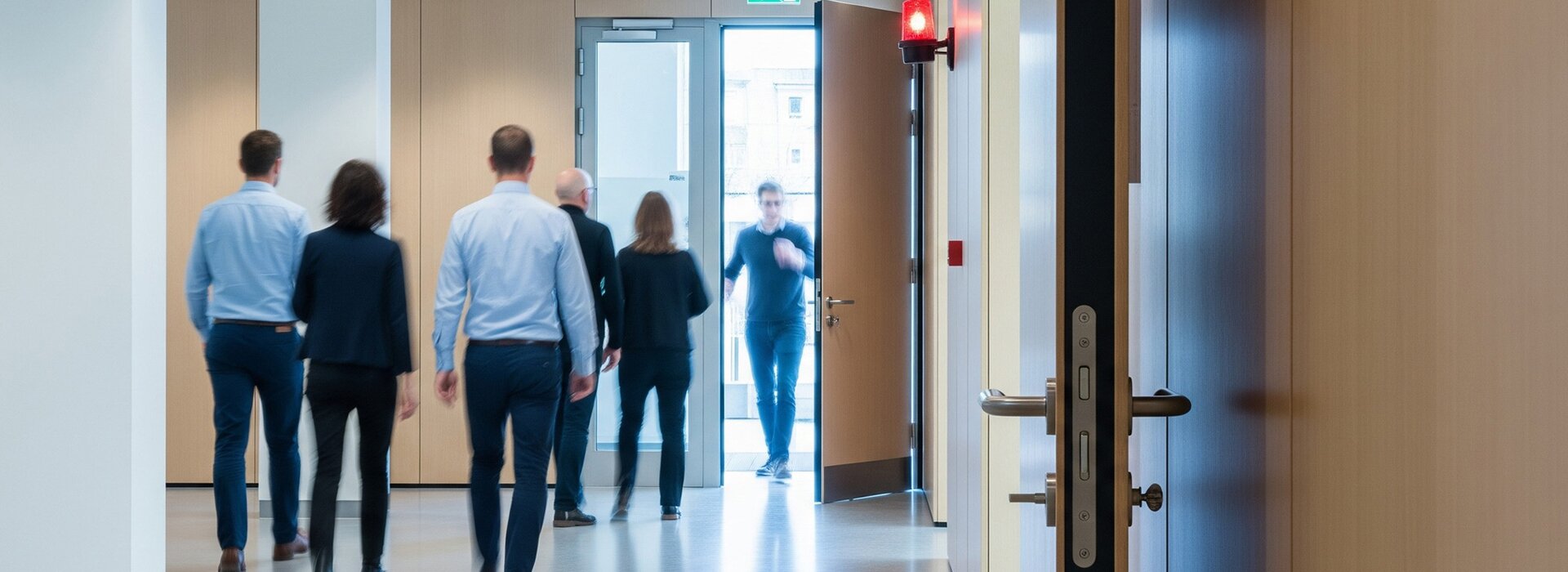 En cas d'alarme, les personnes quittent un immeuble de bureaux par une porte de sortie de secours.