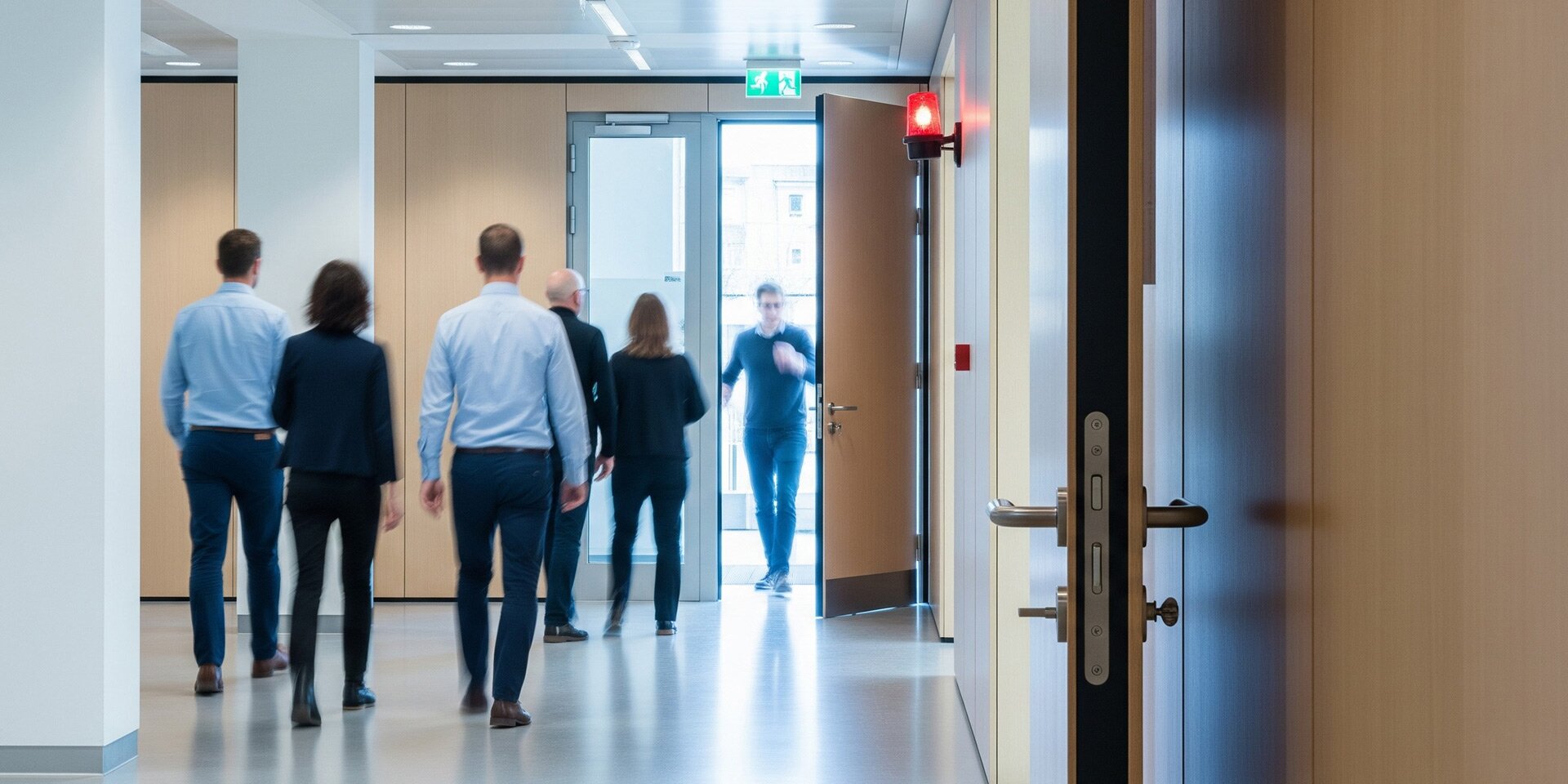 En cas d'alarme, les personnes quittent un immeuble de bureaux par une porte de sortie de secours.