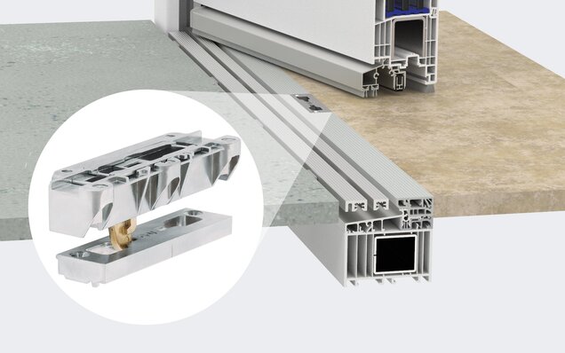 Coupe de profil d'une porte-fenêtre en PVC avec seuil SBS bb, détail sur la serrure supplémentaire