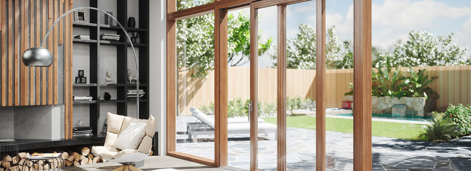 Espace de vie moderne avec grand vantail soulevant-coulissant en bois et vue sur le jardin
