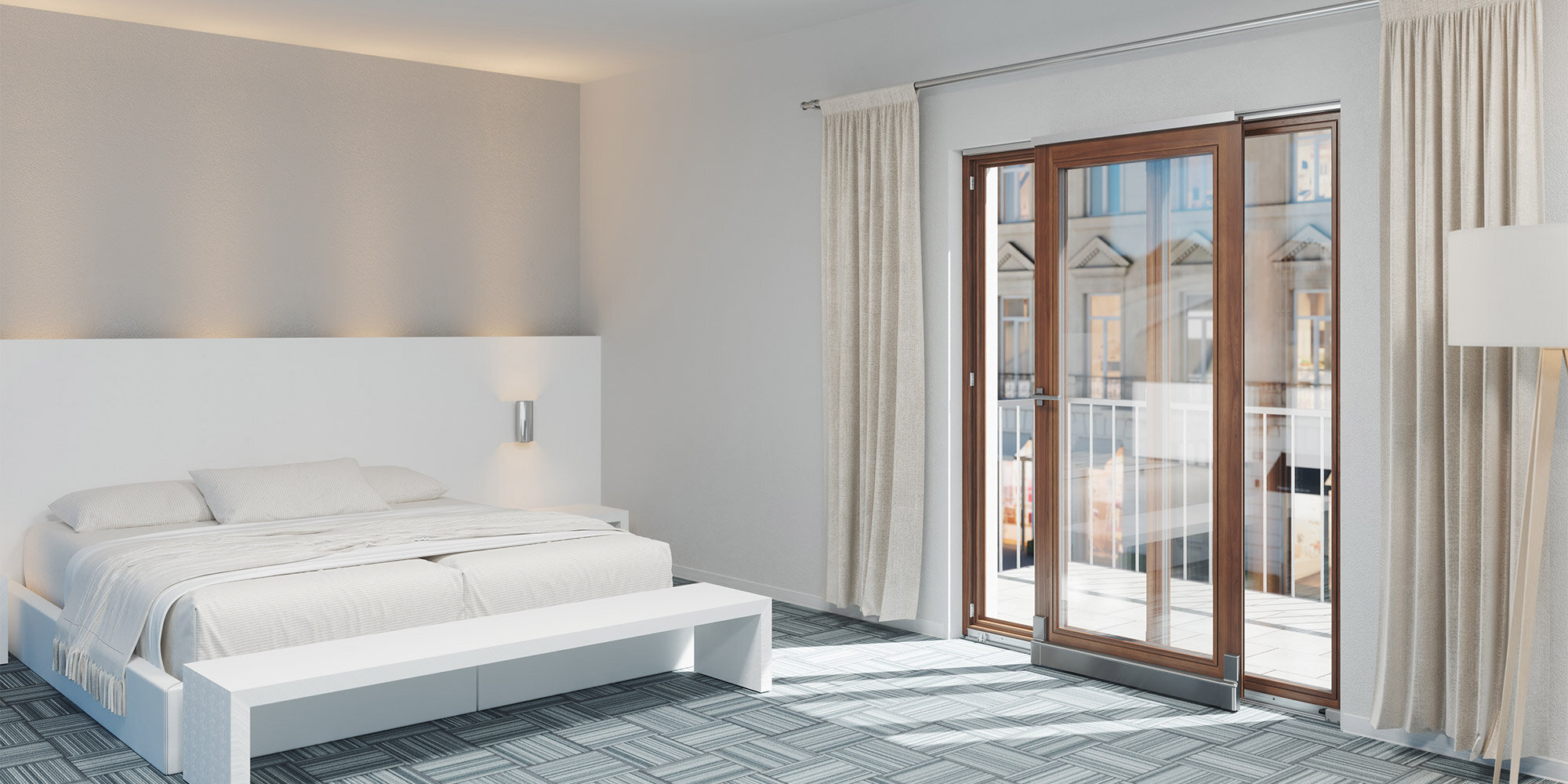 Chambre d'hôtel avec élément coulissant parallèle en bois, vantail ouvert