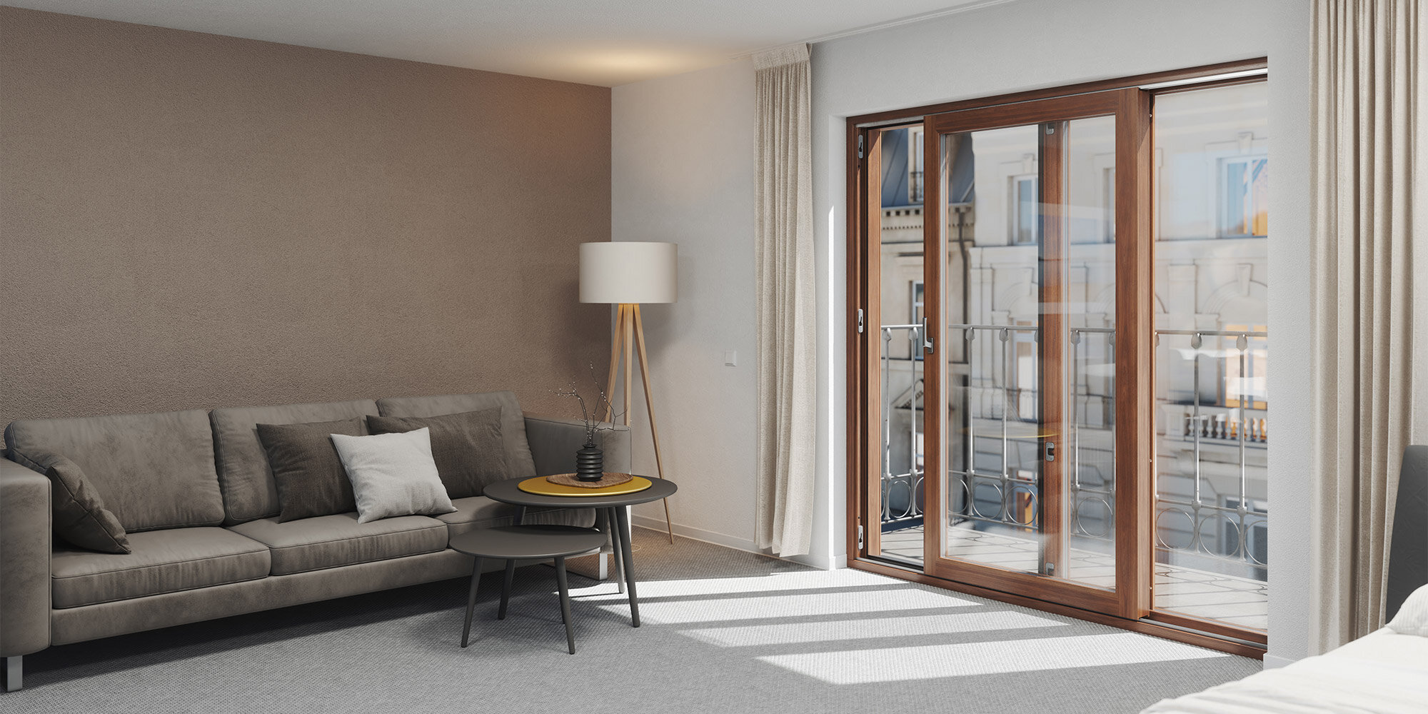 Chambre d'hôtel avec ferrure coulissante parallèle en bois, vantail coulissant ouvert