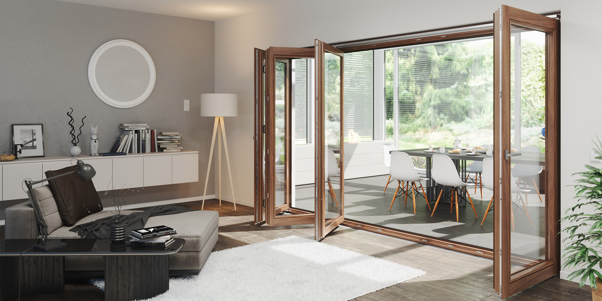 Passage du salon à la véranda avec un élément coulissant-pliant en bois, vantail coulissant-pliant ouvert