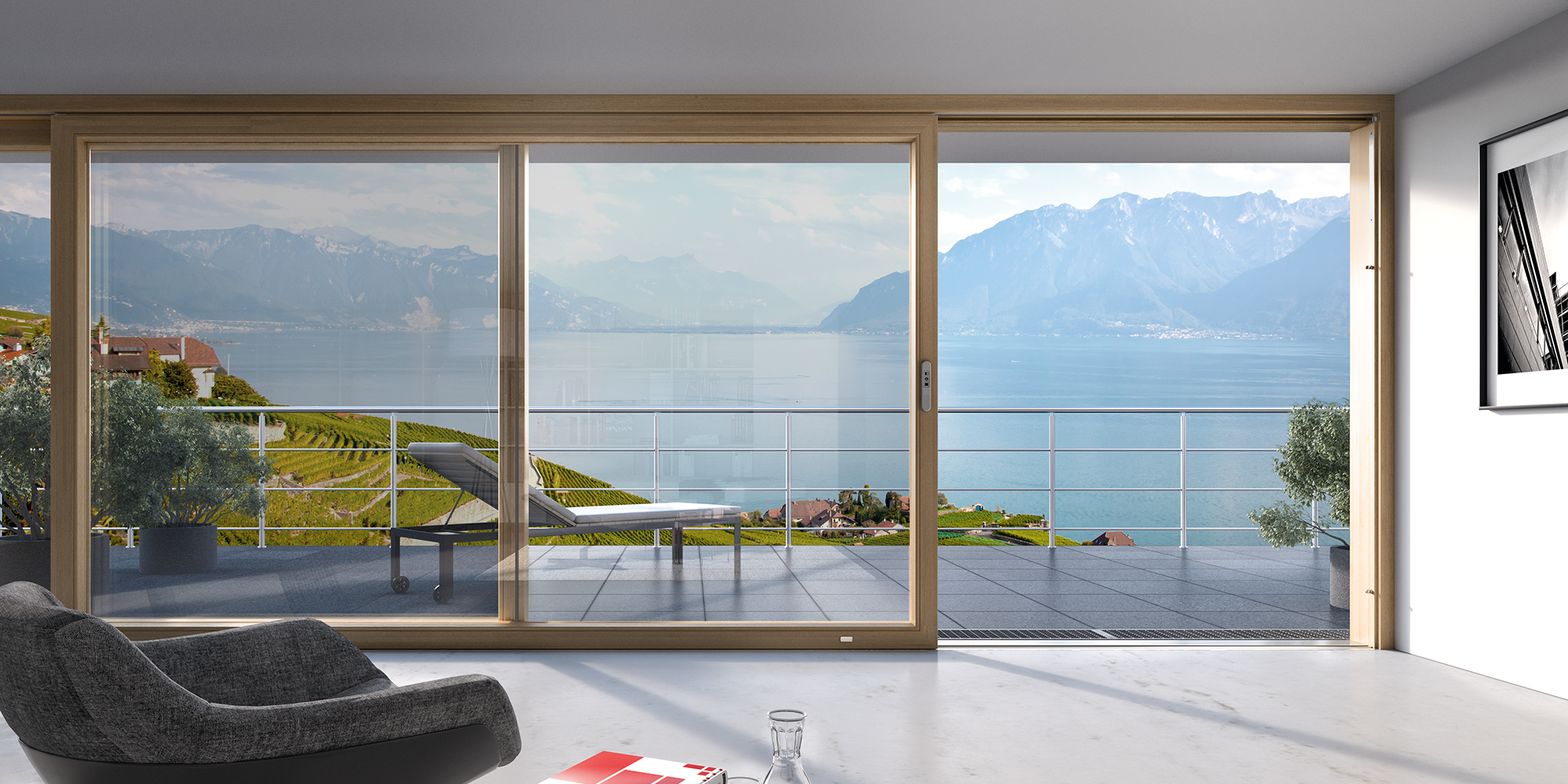 Appartement moderne avec grand vantail soulevant-coulissant et vue panoramique sur le lac et les montagnes