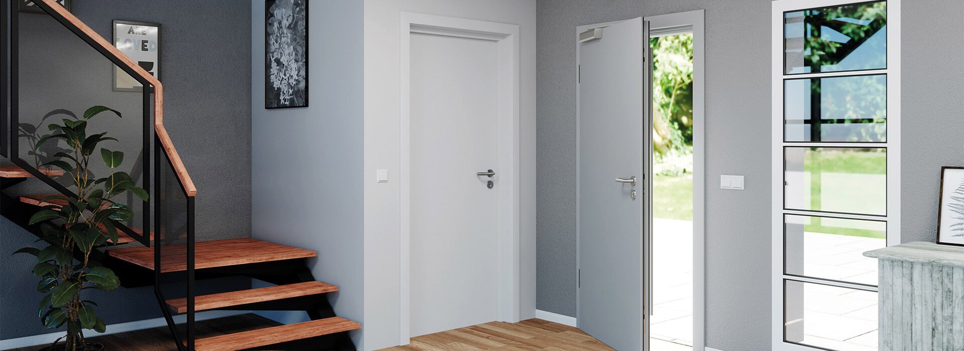 Entrée moderne avec escalier en bois, porte blanche et grande fenêtre pour une lumière naturelle