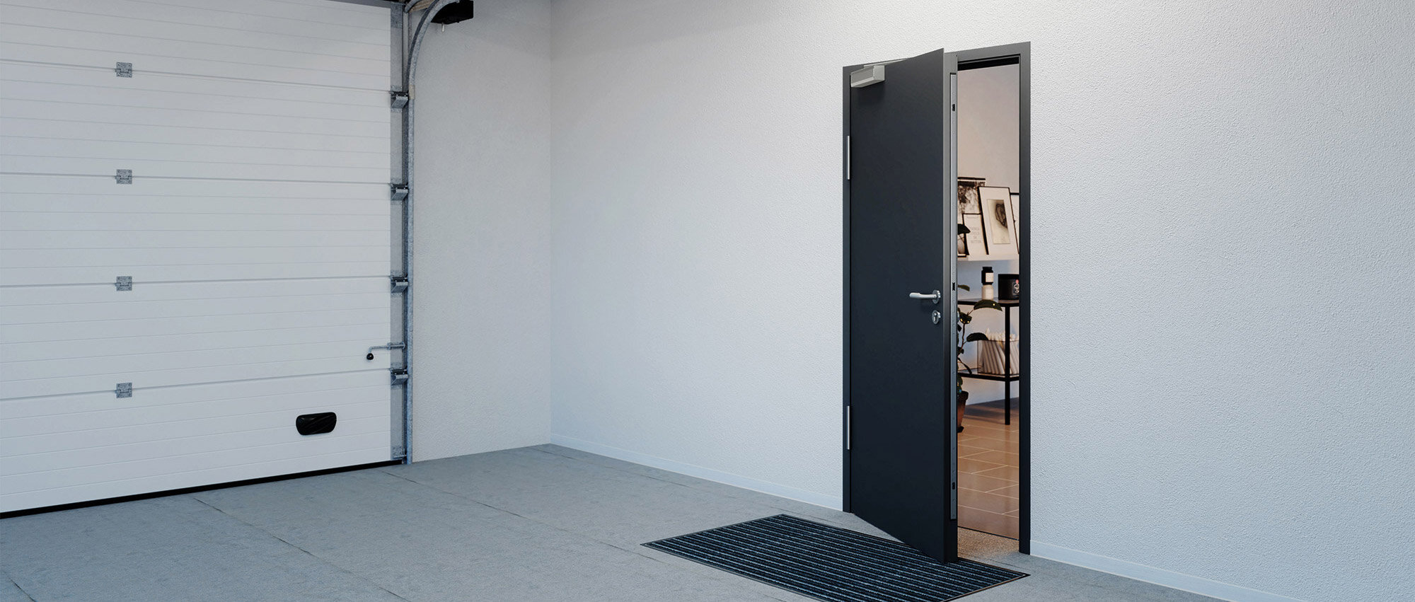 Porte de garage en métal avec système de verrouillage GU SECURY Automatic FH, porte ouverte