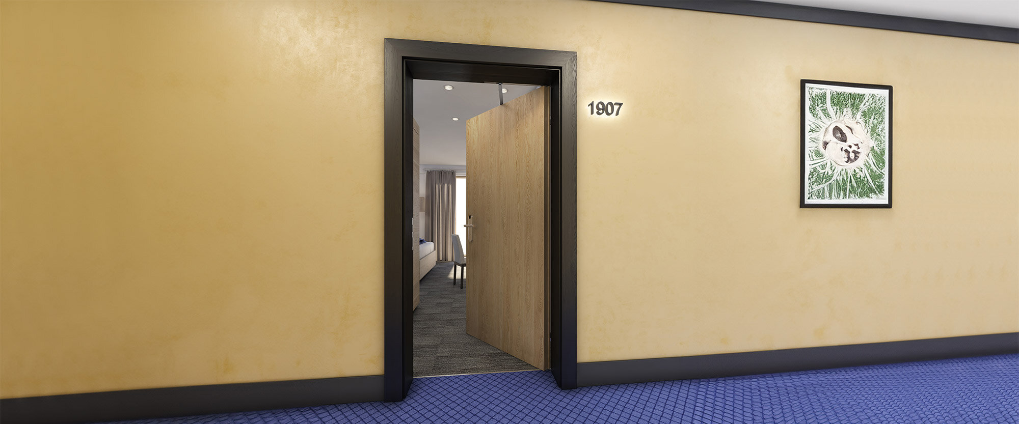 Porte de chambre d'hôtel à un vantail, ouverte, avec ferme-porte VTS 634