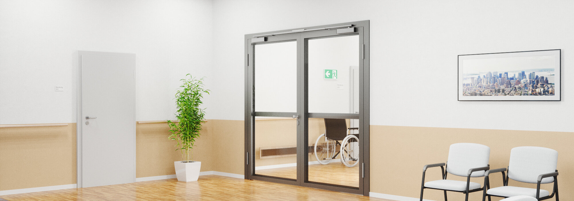 Couloir d’hôpital avec porte à cadre tubulaire à deux vantaux, fermée, équipée d’un ferme-porte OTS 73x FL