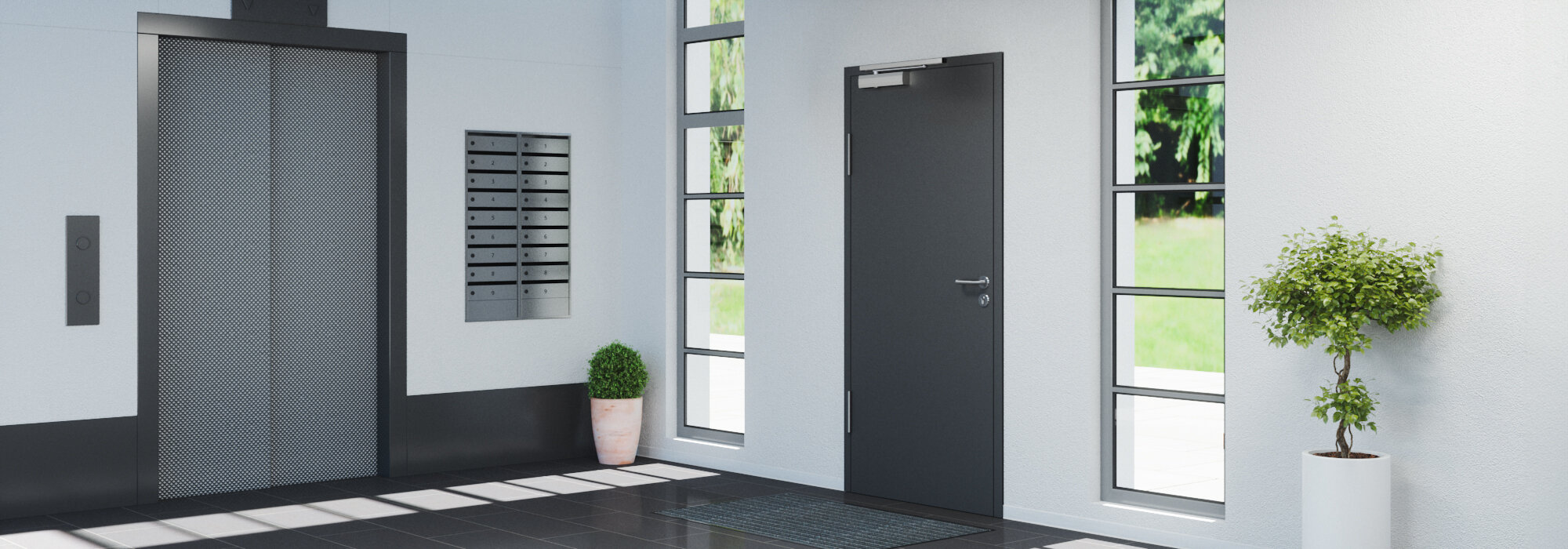 Hall d'entrée moderne d'un immeuble collectif avec porte d'entrée à un vantail, fermée, équipée d'un ferme-porte OTS 634