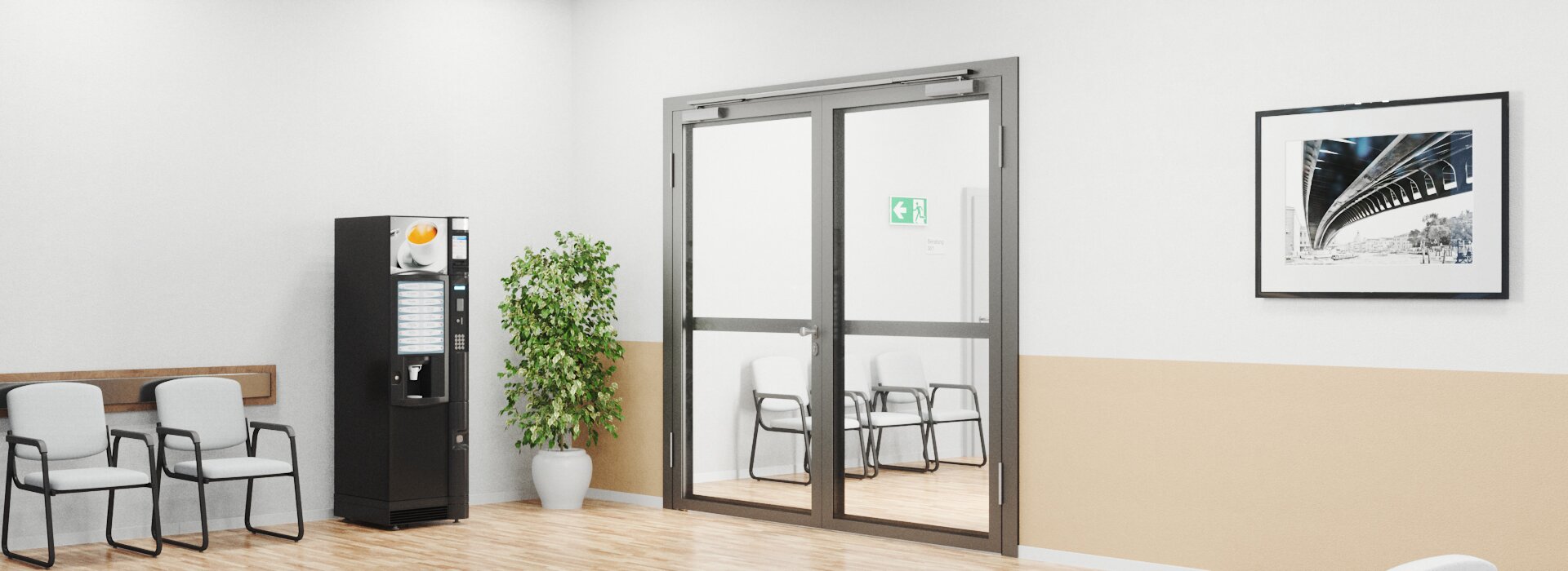 Zone d'attente d'un établissement public ou médical avec porte à cadre tubulaire à deux vantaux, fermée, équipée d'un ferme-porte OTS 634x