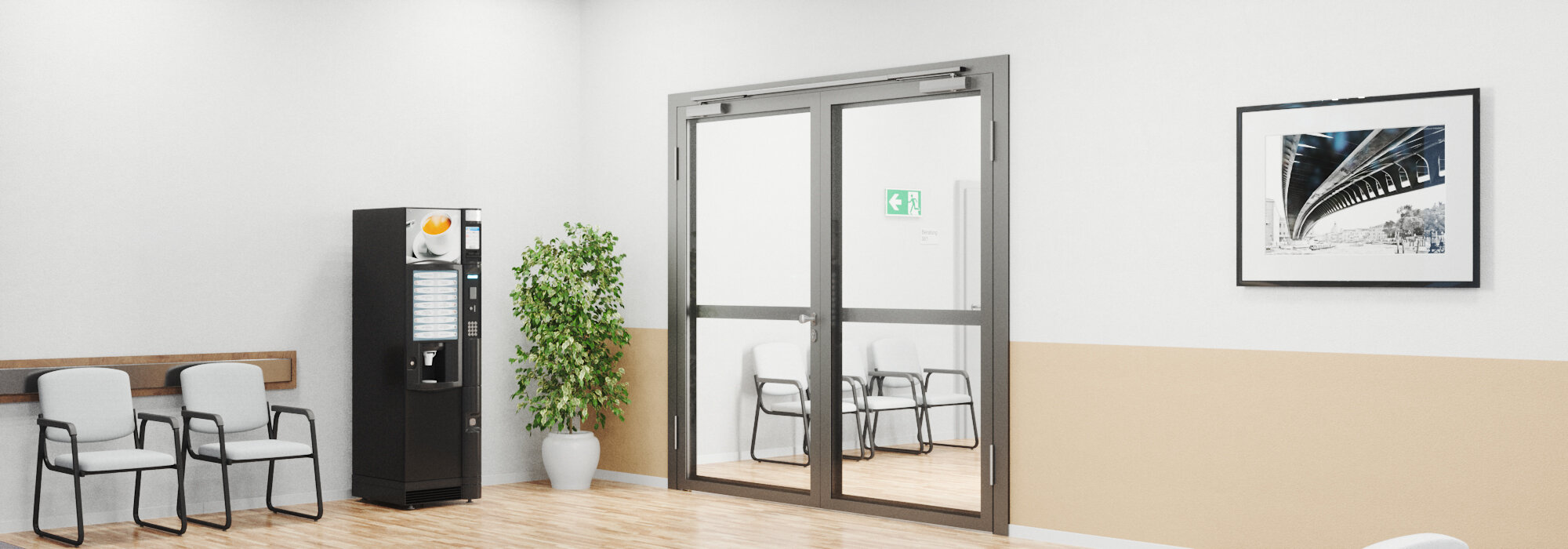 Zone d'attente d'un établissement public ou médical avec porte à cadre tubulaire à deux vantaux, fermée, équipée d'un ferme-porte OTS 634x