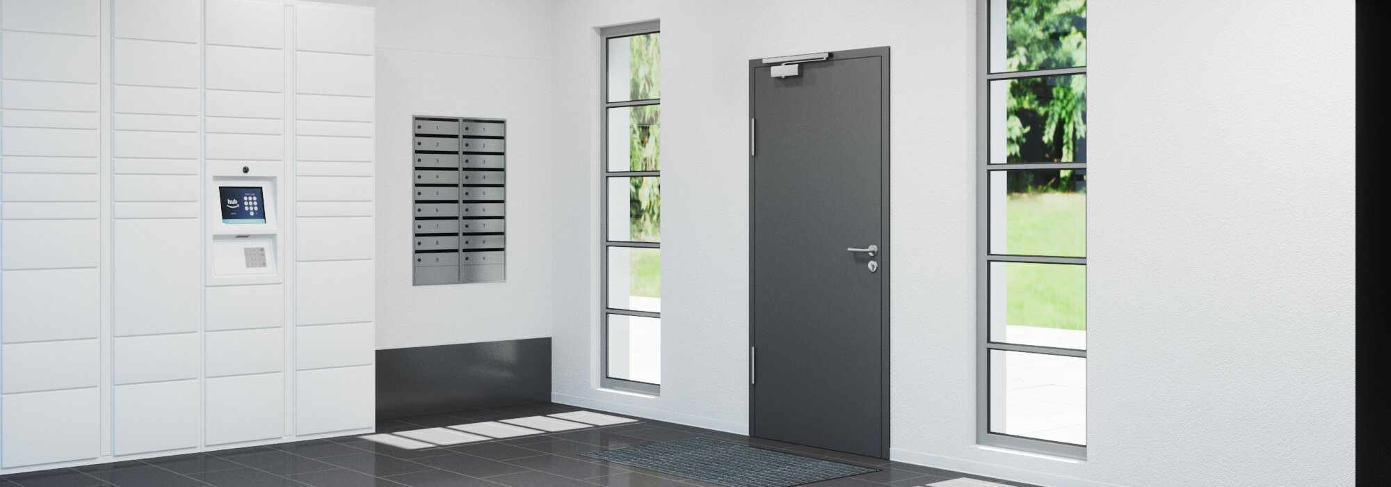 Hall d'entrée moderne d'un immeuble résidentiel avec porte d'entrée à un vantail, fermée, équipée d'un ferme-porte OTS 633 N