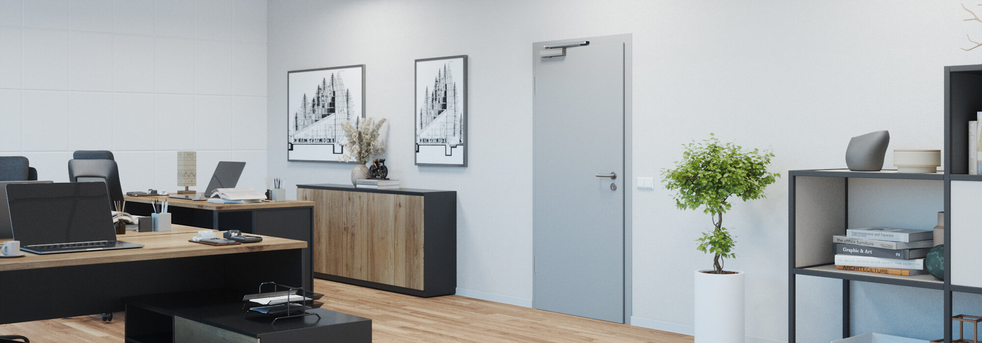 Bureau moderne avec porte de bureau à un vantail, fermée, équipée d’un ferme-porte OTS 430 G