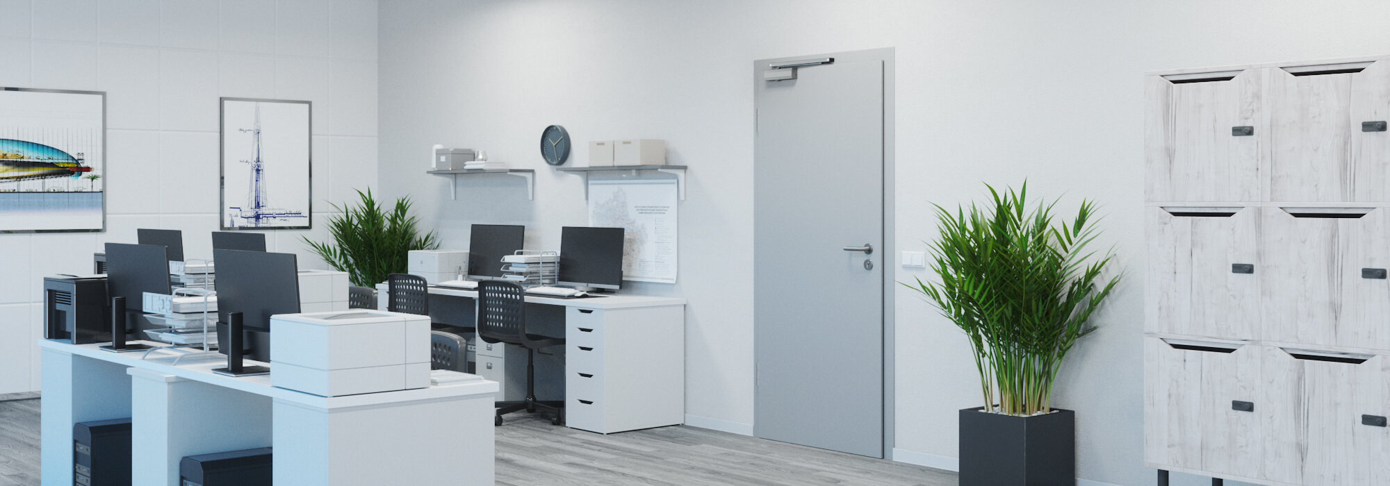 Bureau moderne avec porte de bureau à un vantail, fermée, équipée d’un ferme-porte OTS 210 G