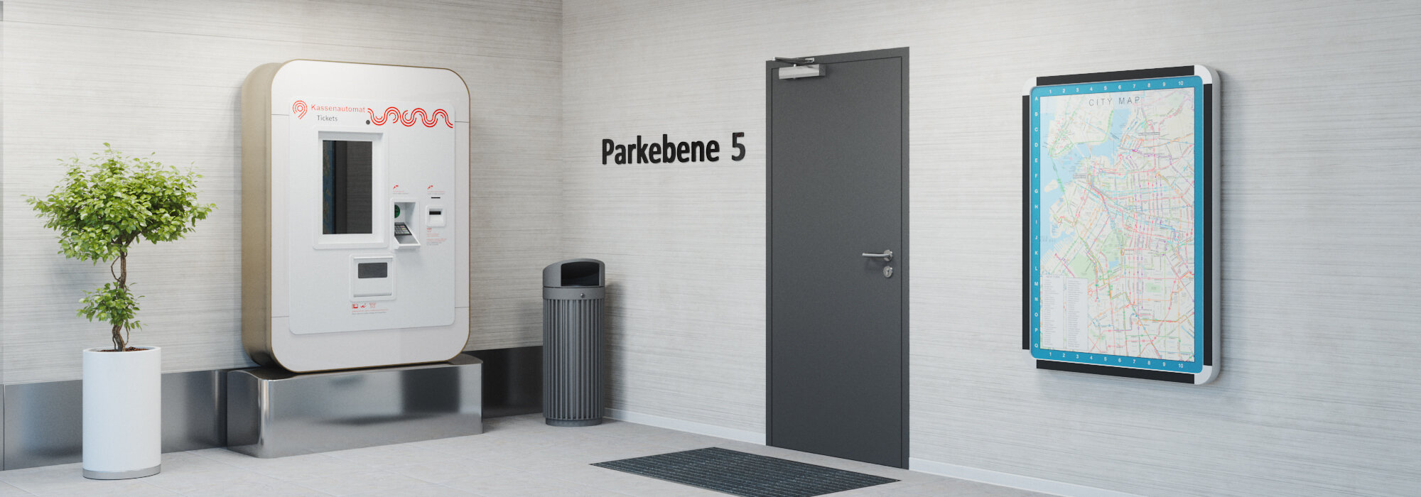 Niveau de parking 5 d’un parking souterrain avec une porte à un vantail, fermée, équipée d’un ferme-porte OTS 536