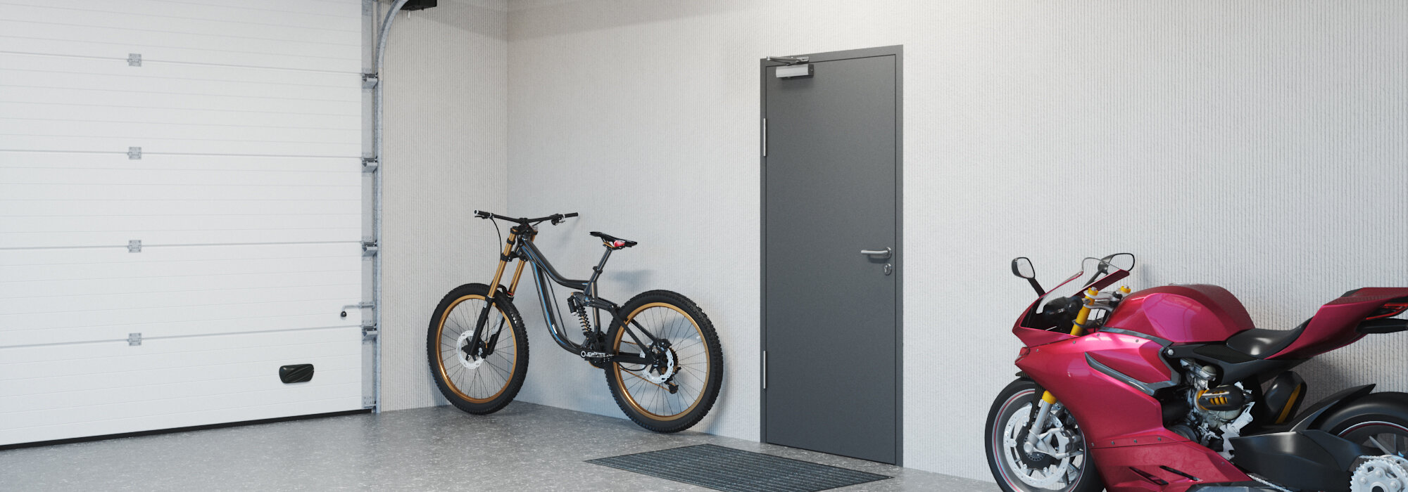 Garage moderne et lumineuse avec porte à un vantail, fermée, équipée d’un ferme-porte OTS 430