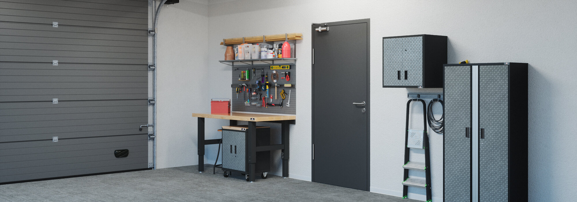 Atelier dans un garage moderne et lumineux avec une porte à un vantail, fermée, équipée d’un ferme-porte OTS 134