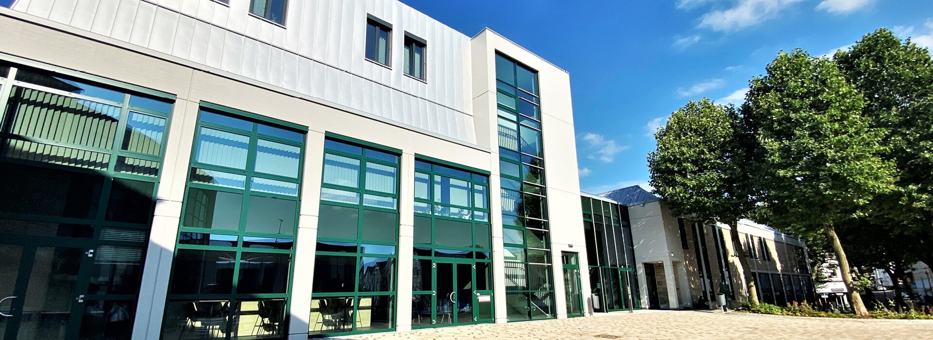 bâtiment de bureaux avec des façades de fenêtres vertes