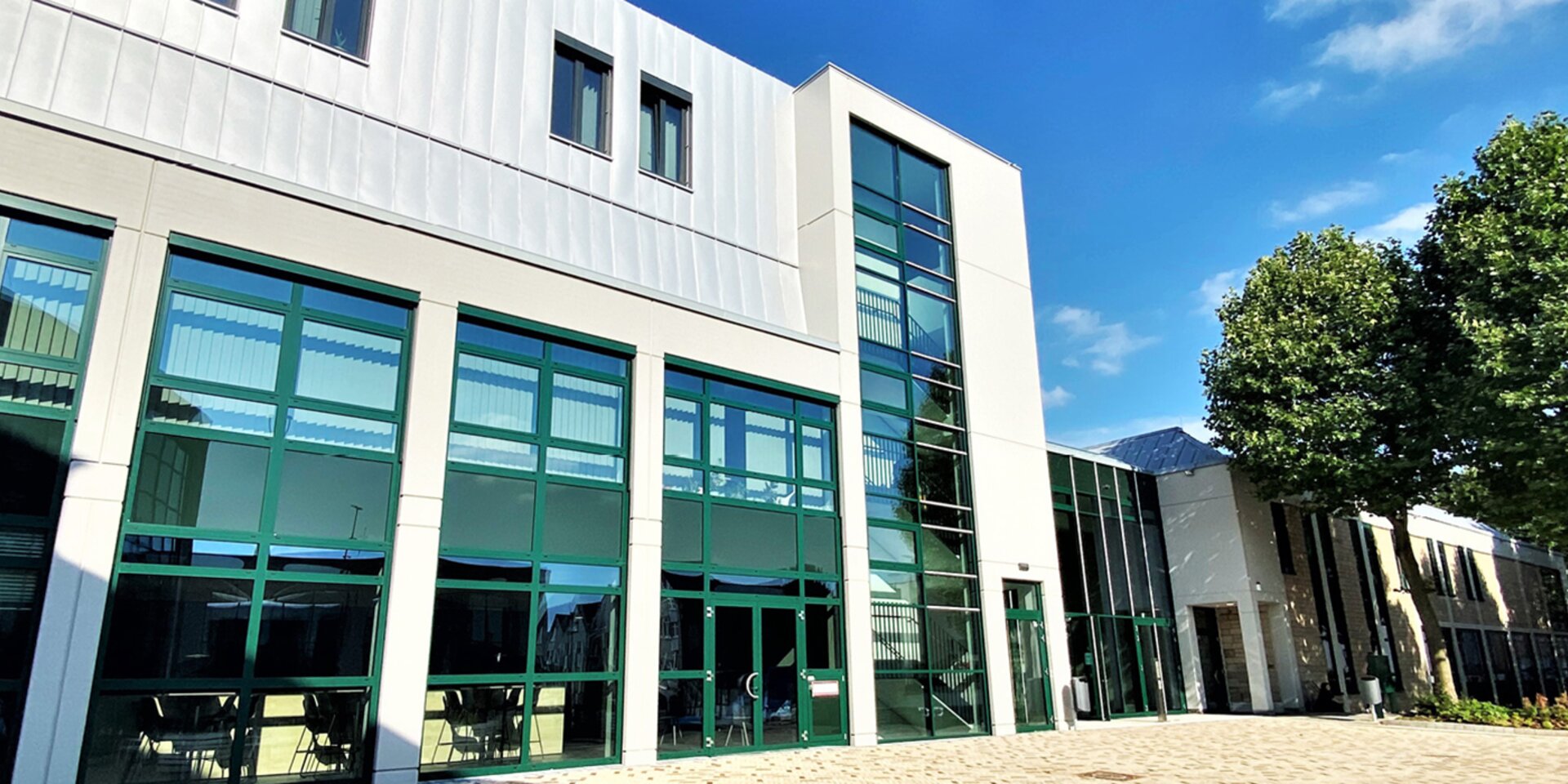 bâtiment de bureaux avec des façades de fenêtres vertes