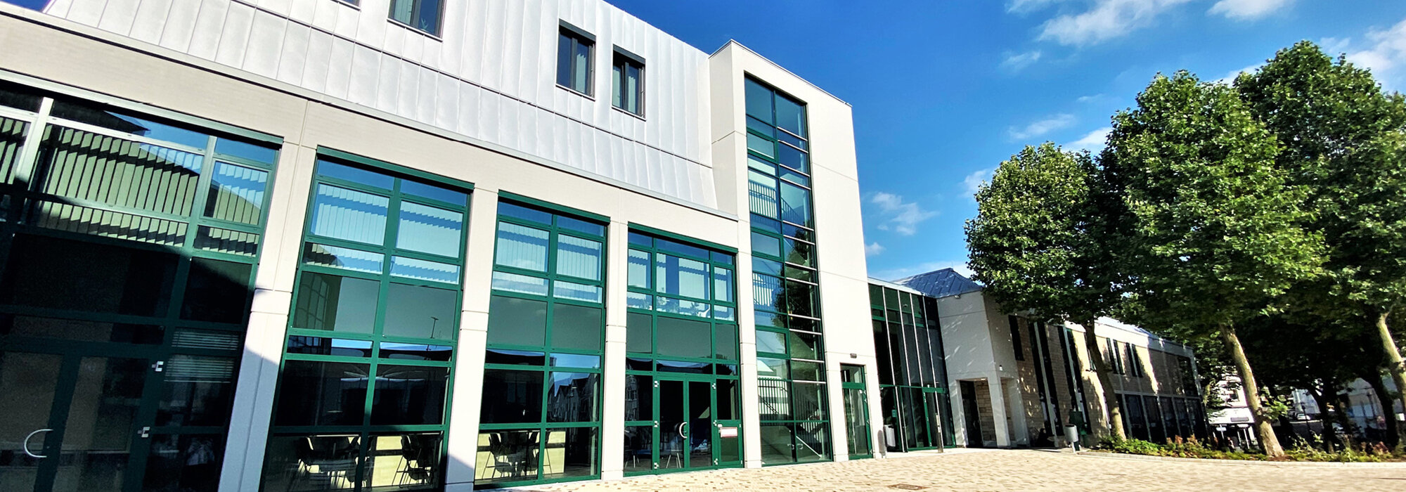 bâtiment de bureaux avec des façades de fenêtres vertes