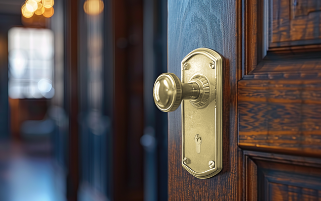 Bouton de porte élégant doré sur une porte en bois sombre dans un environnement historique