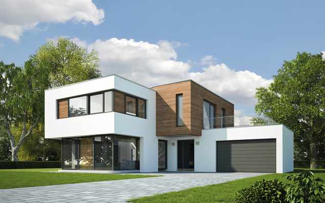 Maison individuelle moderne à deux étages avec enduit blanc, façade en bois et garage spacieux sous un ciel bleu