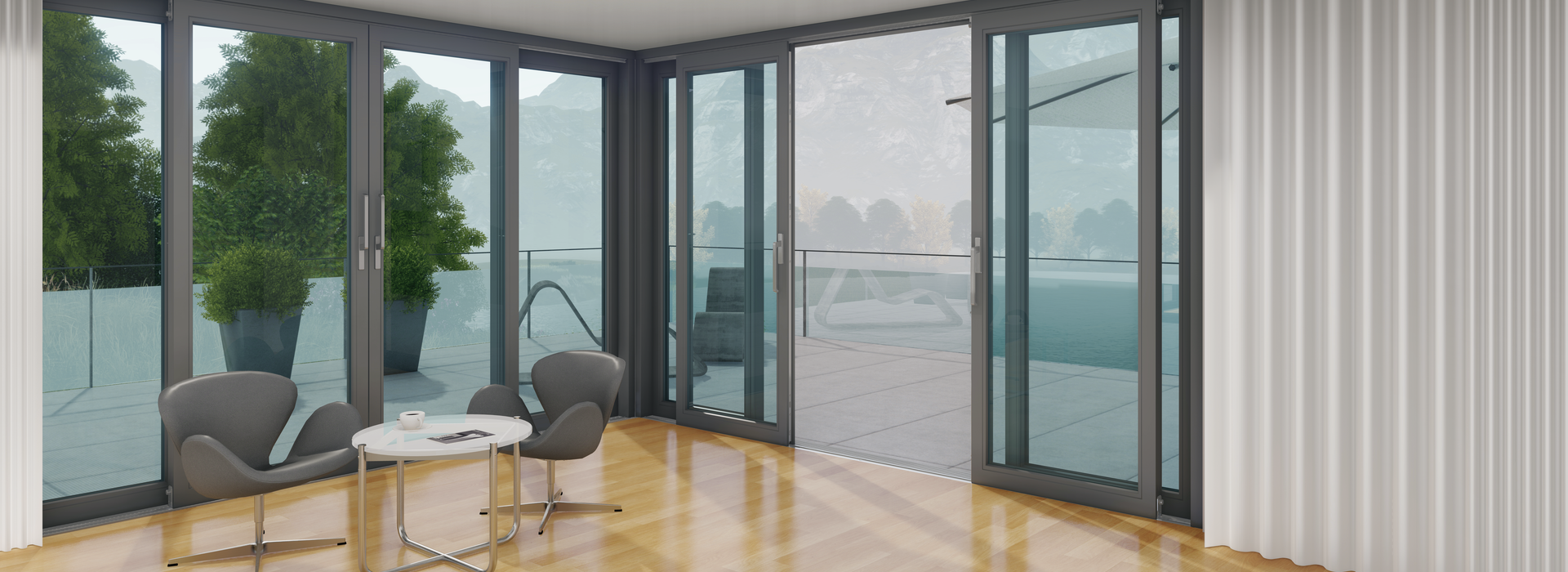 Espace de vie moderne avec des éléments coulissants à levage de grande surface et vue panoramique