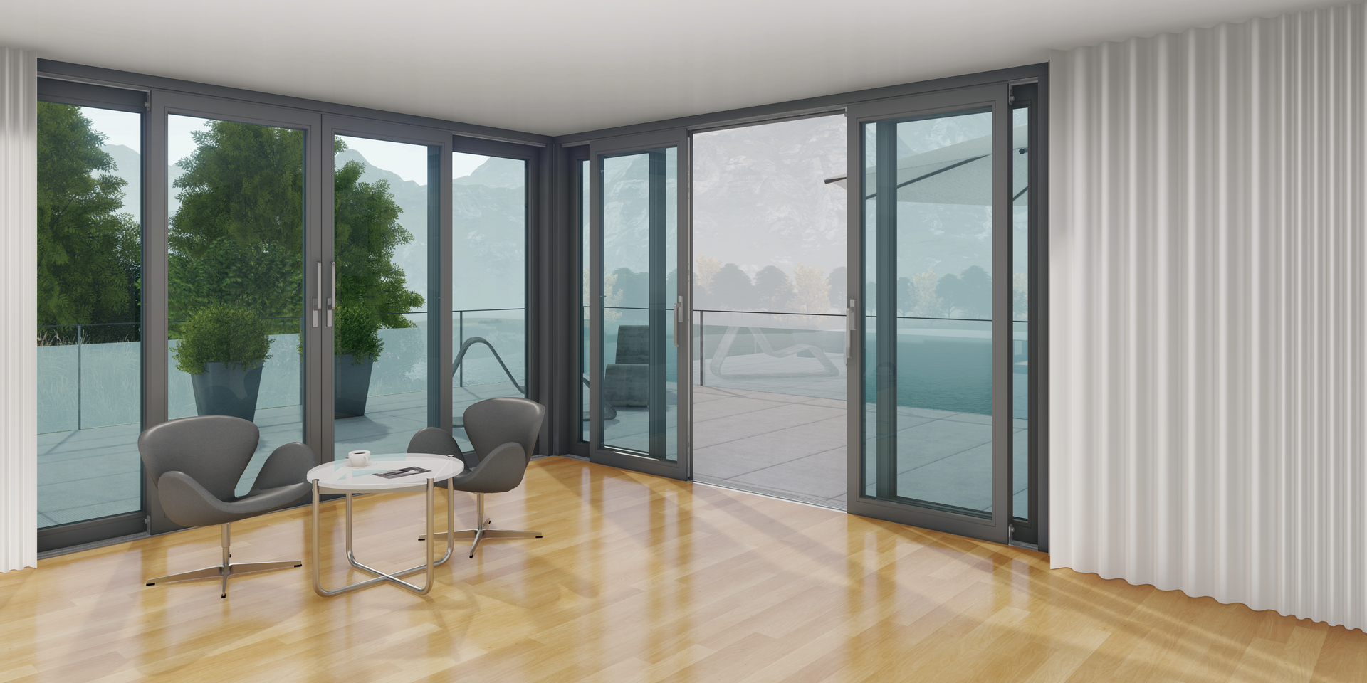 Espace de vie moderne avec des éléments coulissants à levage de grande surface et vue panoramique