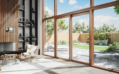 Espace de vie moderne avec élément soulevant-coulissant en bois à commande manuelle, vantail coulissant fermé