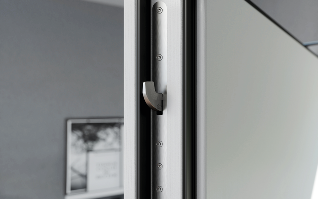 Porte d'entrée en bois avec système de verrouillage SECURY ePOWER Home, vue détaillée du crochet de verrouillage